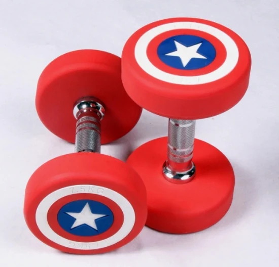 Gym Free Weights Exercise Equipment America Captain PU Fixed Dumbbel/Factory Wholesale Fitness Equipment Captain America Round Rubber Dumbbell